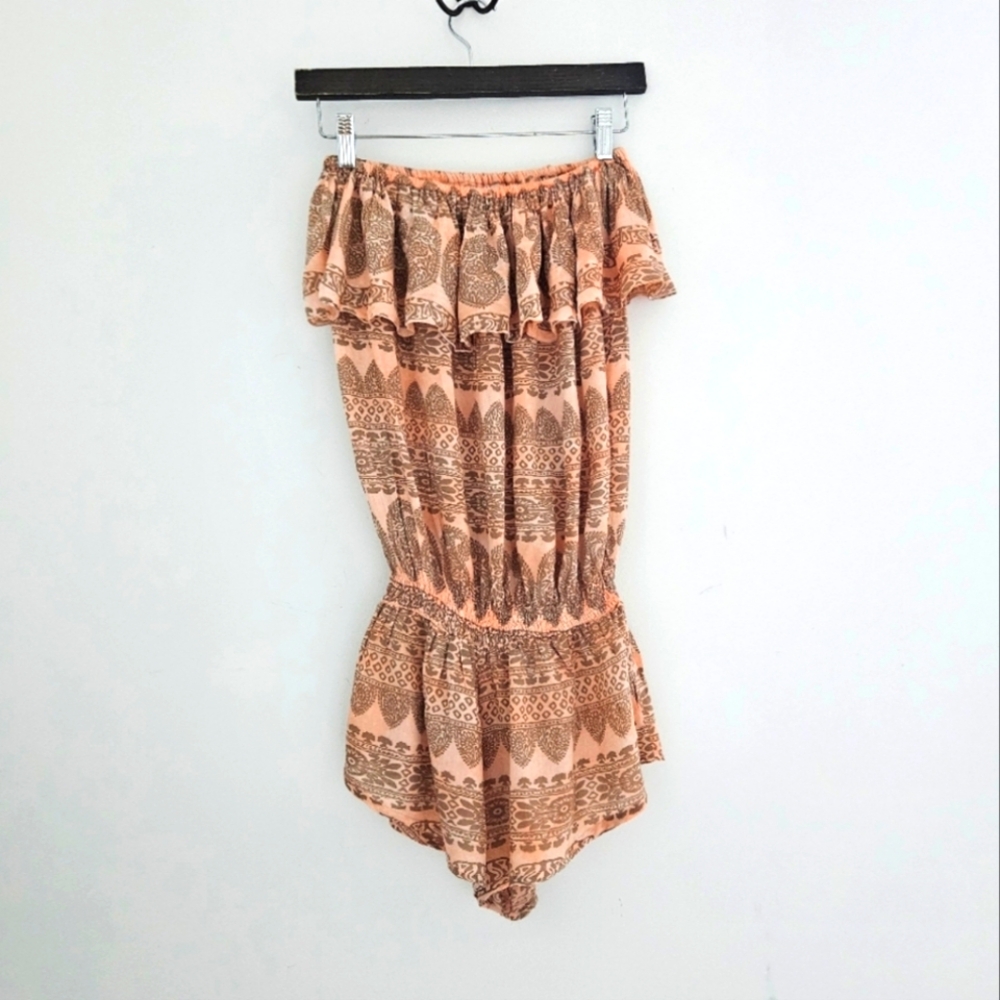 Tiare Hawaii Salmon Nuetral Tribal Printed Ruffled Bandeu Shorts One-piece